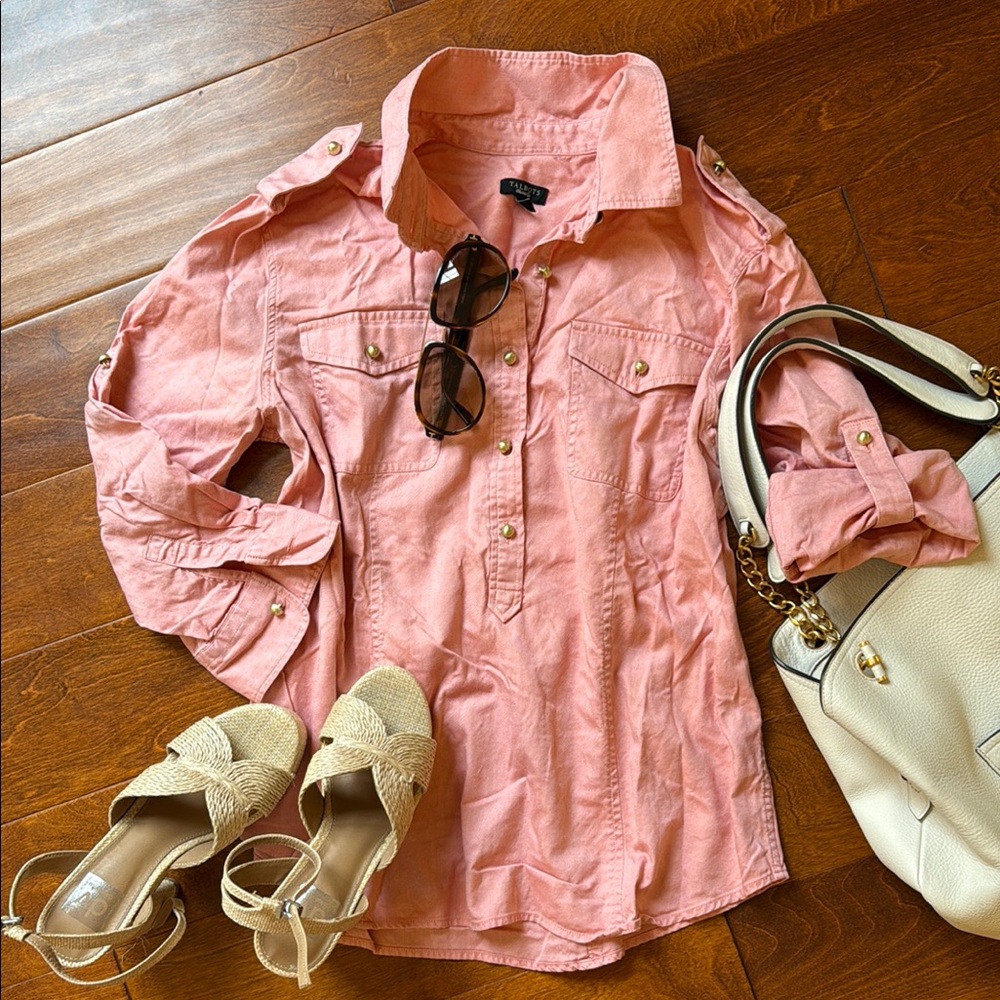 Coral Button-Up Shirt with Gold Accents